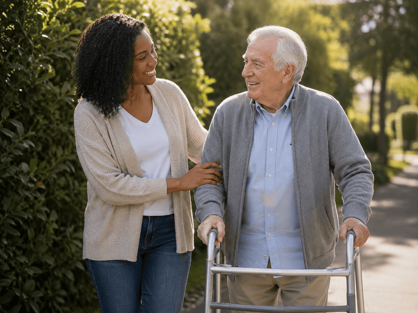 Companion caregiver supporting an older man walking outdoors with a walker