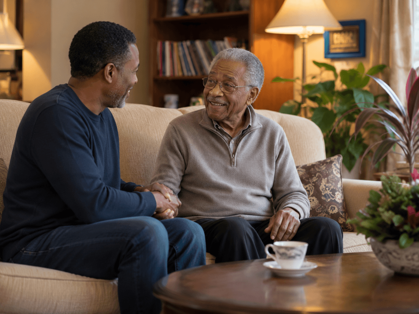Male companion and older man enjoying a friendly conversation at home